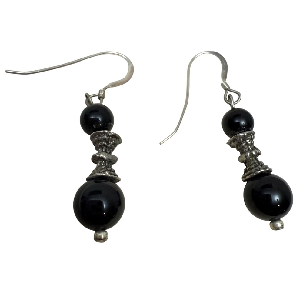 925 Sterling Silver Black Onyx Bead Dangle Earrings Fashion Jewelry 1 3/8 in